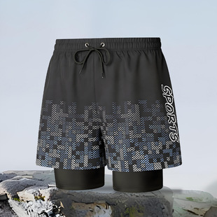 Cross-border Explosive Swimming Trunks Double-layer Men's Running Sports Fitness Anti-embarrassment Sports Pants Loose Beach Trunks Swimming Trunks