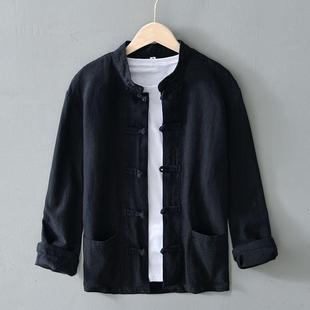 National Fashion Collar Cotton Linen Casual Long-sleeved Shirt Men's Chinese Style Vintage Buckle plus size Ramie Loose Linen Shirt