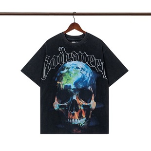 Foreign Trade Beauty Trendy Godspeed Retro Skull Printing High Street Men's and Women's Casual Trendy Washable Old Short Sleeve T-Shirt