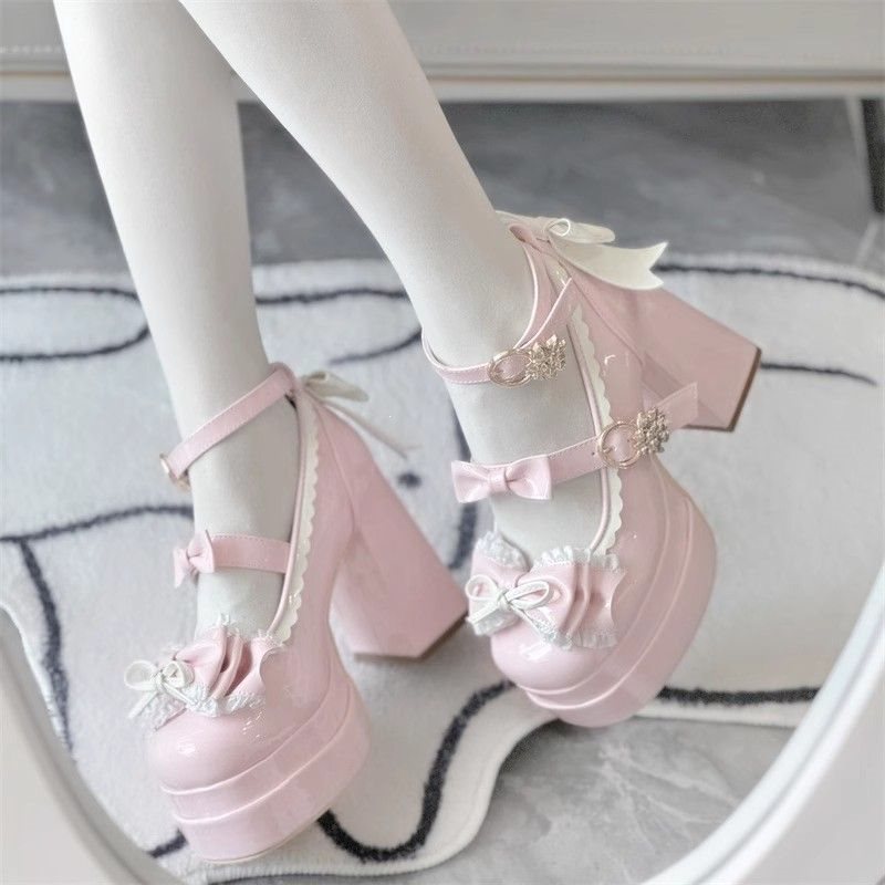 Girl Lolita Shoes Mary Jane Cute Sweet Waterproof Lolita High Heels Japanese Style Lace Bow Elegant