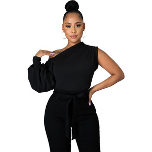 HX0166 Sexy Solid Color One Side Shoulder Top