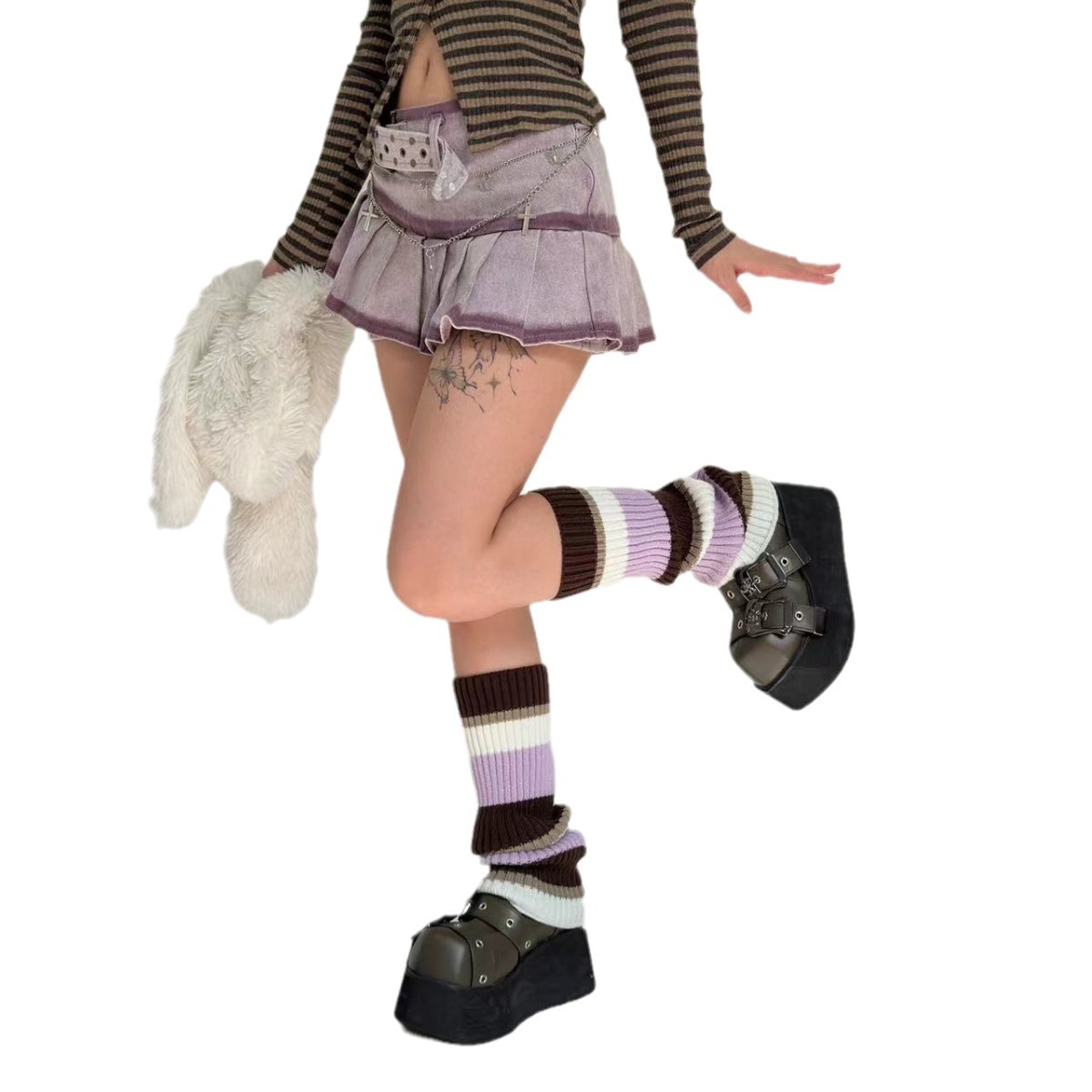 Autumn blokette Girl Sports Ballet Purple Striped Contrast Color Straight Knitted Leg Set Calf Stacked Socks Cover