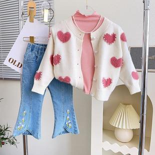 Girls' Knitted Coat Autumn 2023 New Western Style Baby Girl Sweater Cardigan Top Two-Piece Set for Hair