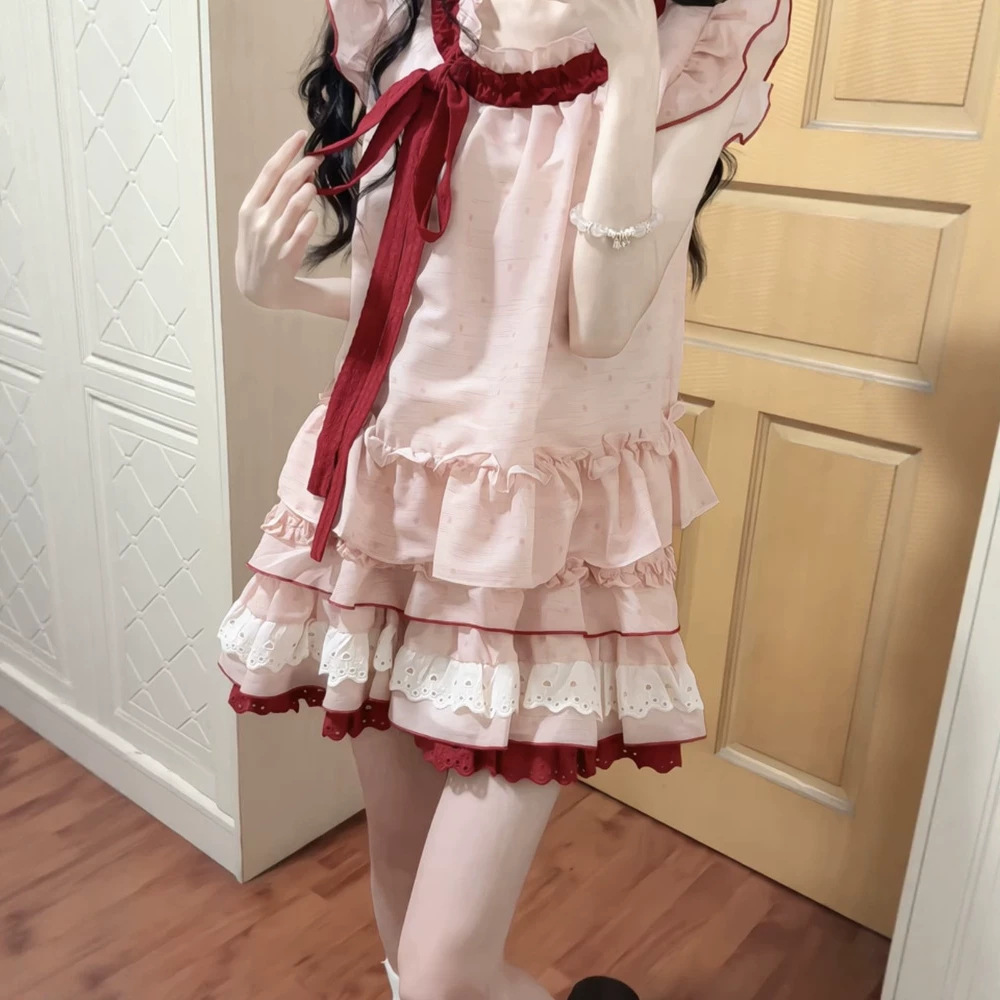 Sweet and Cute Pink Dress in American College Style for Petite Figures, Perfect for Summer, with a Stunning Bow Design and Tiered Skirt