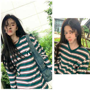 Ju Jingyi Star with Green Apricot Striped Long-sleeved T-shirt Women's 2024 New Loose Round Neck Base Sweatshirt Women's Autumn