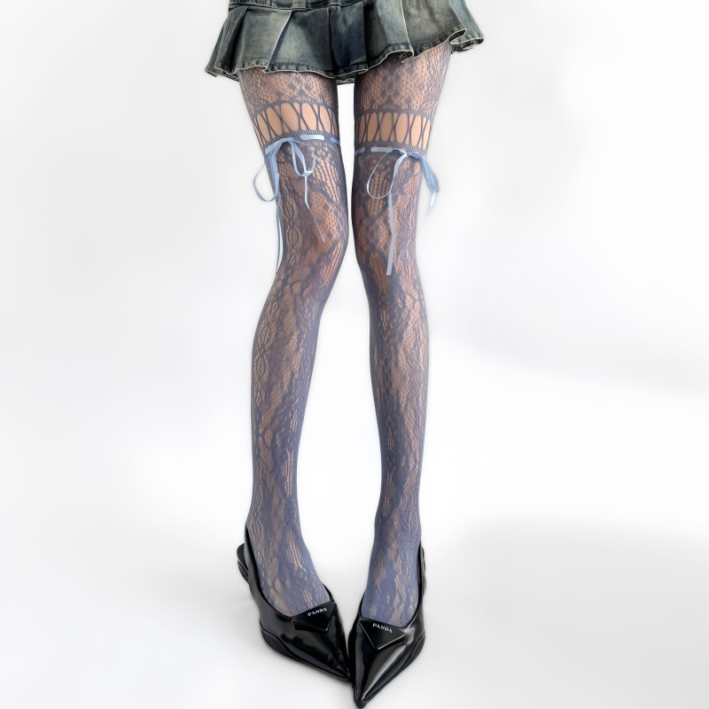 Spring and Summer Hollow-Out Lace Bow Tie Fishnet Stockings, Spicy Girl Millennium Style Pantyhose, Japanese Retro Drawstring Mesh Pants