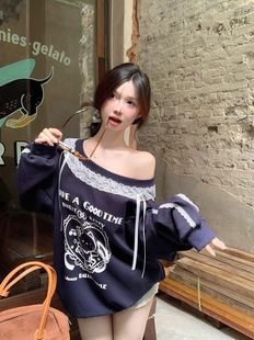 [original fabric] oblique shoulder sweater women's lace stitching loose off-shoulder long sleeve top blue gray other