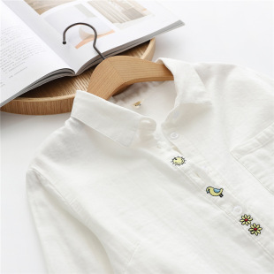XP16538 spring new preppy style pointed collar placket sun bird embroidered double-layer cotton yarn shirt women's top