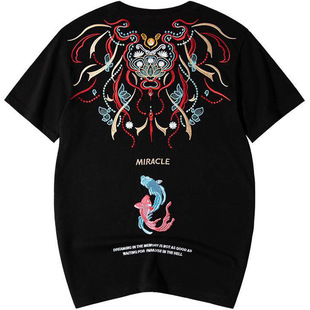 National Trend Embroidered Short-sleeved T-shirt Men's Summer Loose and Versatile National Style Round Neck Men's Top Men's Trendy Brand Bottoming Shirt