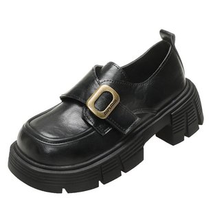 Thick-soled Velcro Loafers Women's 2024 New Autumn and Winter Retro British Style Black All-match Thick-heeled Leather Shoes