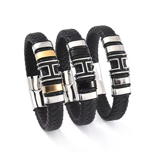 European and American Cross-border Explosions Men's Leather Bracelet Hip-hop Punk High-end H-letter Bracelet Personalized Woven Magnetic Bracelet