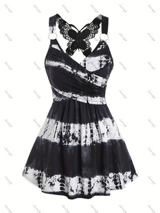 European and American fashion women's spring and summer new horizontal strip graffiti gradient strap butterfly lace cross vest