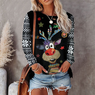 2024 Winter Cross-border European Independent Station ebay Amazon 8-color Crewneck Christmas T-shirt Printed Long Sleeve Top