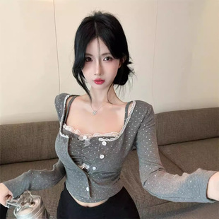 Early Autumn Sweet Lace Wave Point Camisole Slim-fit Long-sleeved Cardigan Short Top Two-piece Suit for Women