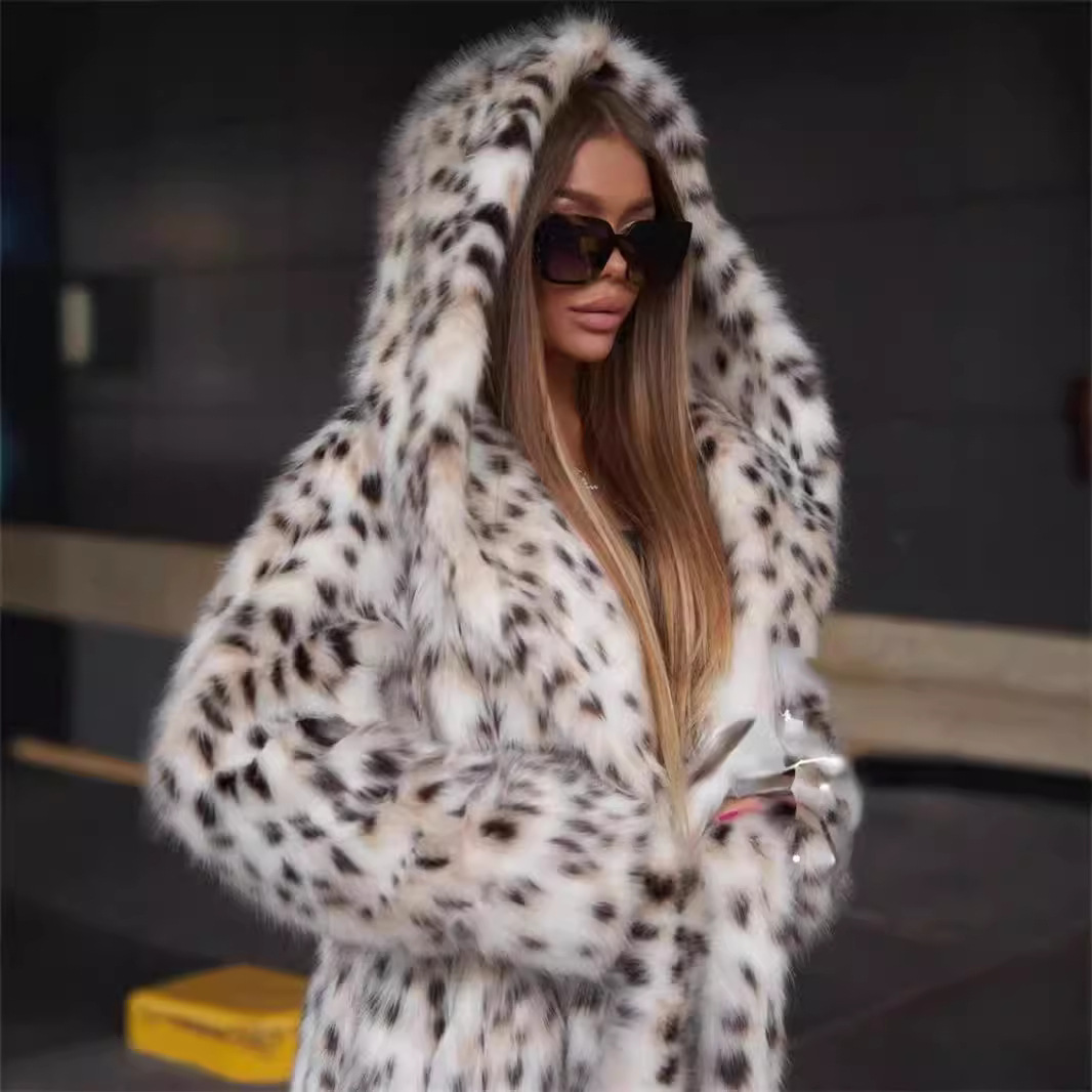 Cross-Border Amazon Leopard Print Hooded Faux Fur Coat for Women, Extra-Long Thickened Warm Mink Velvet Trench Coat