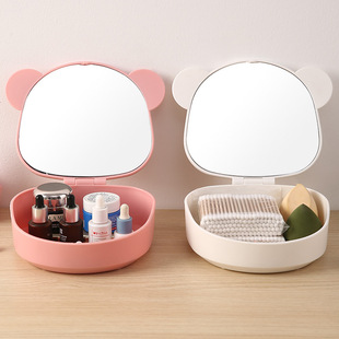Cute Makeup Mirror with Storage Box Student Portable Small and Portable Mirror Cartoon Bear Ear Dormitory Desktop Dressing Mirror