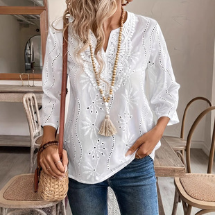 European and American Cross-border Autumn New Loosen V-neck Elegant Commuter Embroidered Horn Sleeve Lace Top Chiffon Shirt