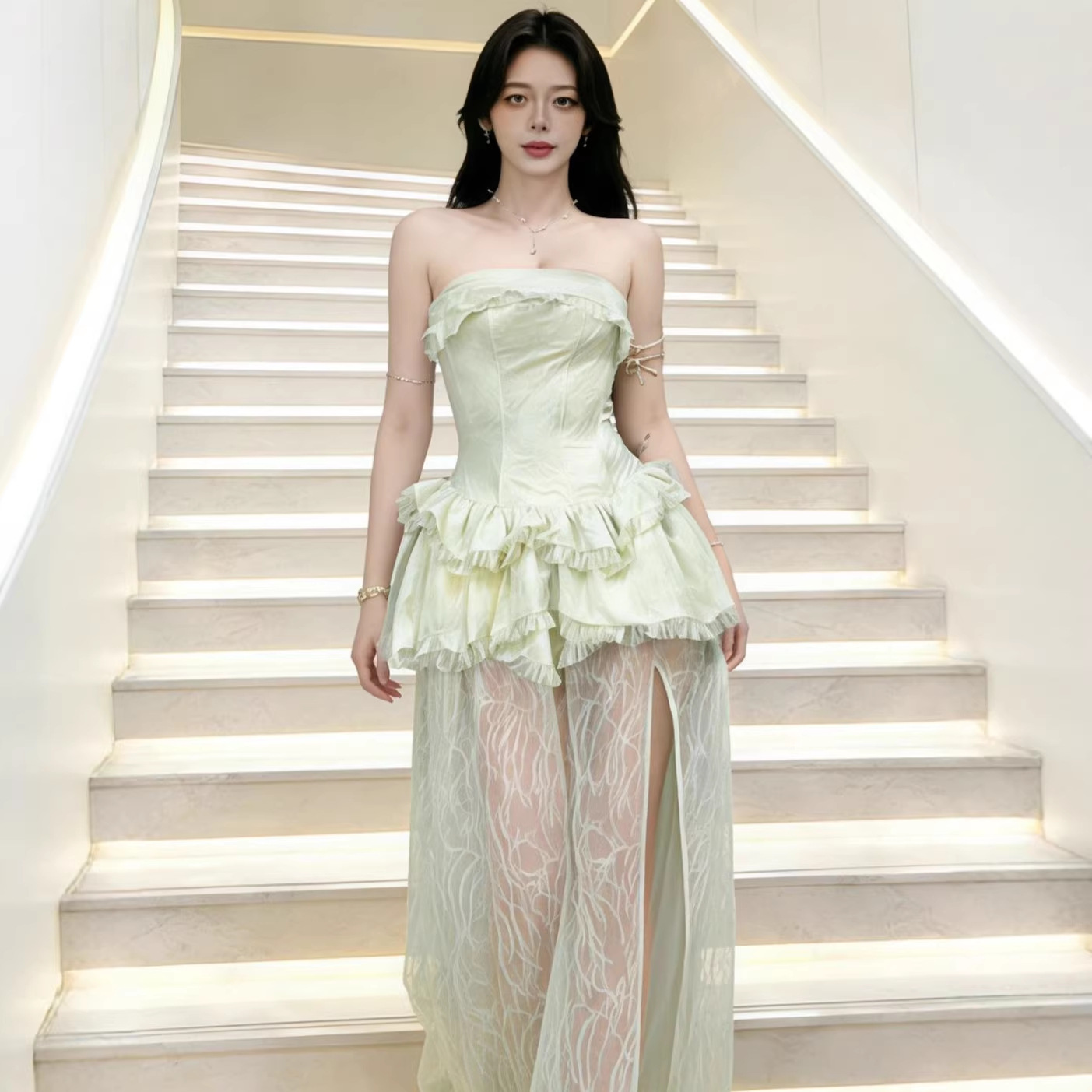 French-Style Sweet Fairy Tale Princess Xiaoxin Strapless Dress with Layered Slit Long Skirt for Women