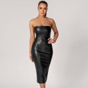 European and American Solid Color PU Leather Fashion Elegant Slim-fit Tube-tube Chest Rear Split Explosion European and American Sexy Midi Dress Women's dress