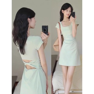 Pink Short-sleeved dress Women's Summer Slim-fit dress High Waist A- shaped dress Short-cut Holiday Style