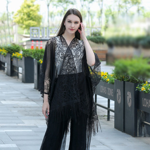 Cross-border Goods European and American Style lace Shawl with Empty Leaking lace Sun Protection Clothing Large Size Blouse for Women lace kimono
