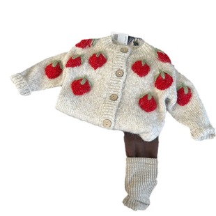 Xian Ning Seven Children's Wear 24 New Autumn Girls' Strawberry Knitted Sweater Cardigan Western Style Stitching Leggings Two-Piece Set