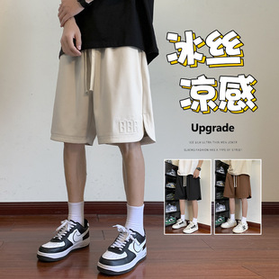 Shorts Men's Summer Trendy Brand Ice Silk Thin Breathable Steel Printed Straight Pants Boys Summer Casual Five-point Pants