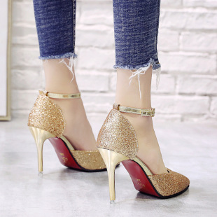 Silver Sequin Hollow High Heels Women's Stiletto Heel One-Word Buckle Pointed Cat Documentary Shoes Wedding Dress New Bridesmaid Shoes