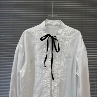 2025 Early Spring New French Style Lace Bow Lace Long Sleeve Shirt Women's Design Sense Loose Top Trendy