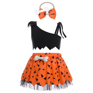 Girls' European and American summer Halloween sleeveless solid color off-the-shoulder top + mesh skirt + hair band three-piece children's clothing