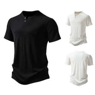Men's T-shirt Summer New Amazon Cross-border European Code Pit Solid Color 2-button Henry Collar Men's Short-sleeved T-shirt