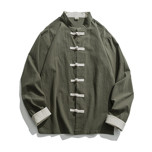 2023 spring and summer men's retro Chinese style buckle shirt Tang suit plus size trendy casual long sleeve cotton and linen shirt