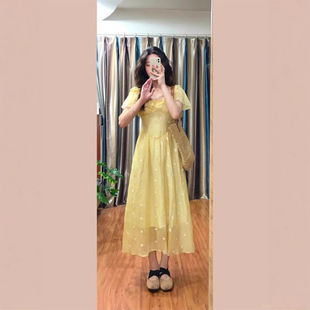 French Yellow Small Flying Sleeve Floral dress Children's Summer New Waist Elegant Princess Holiday Dress