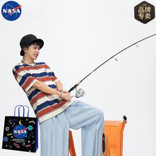 NASA Joint Striped Short-sleeved T-shirt Men's Japanese Style Trendy Brand Loose Couple High-grade Half-sleeved Pure Cotton Chinese Good T-shirt