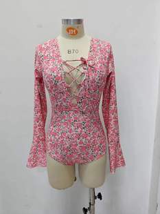 2023 Fashion Simple New Women's One-piece Long-sleeved Plaid Printed Chest Hollow Strap Hot Girl Sexy Swimsuit
