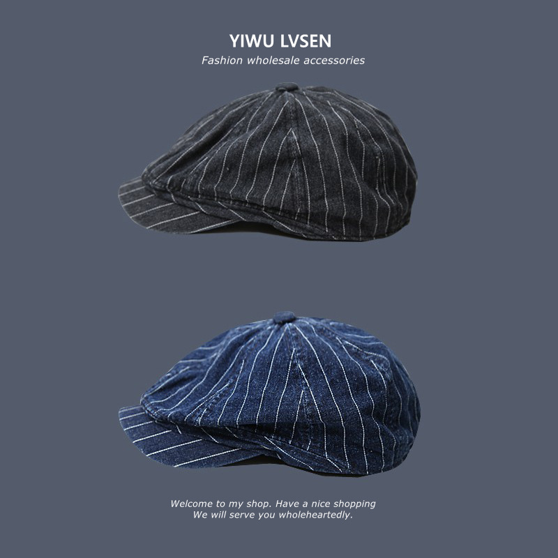 Vintage Dark Blue Denim Striped Forward Cap for Women, British Style Painter Hat, Japanese Style Reverse Beret for Men