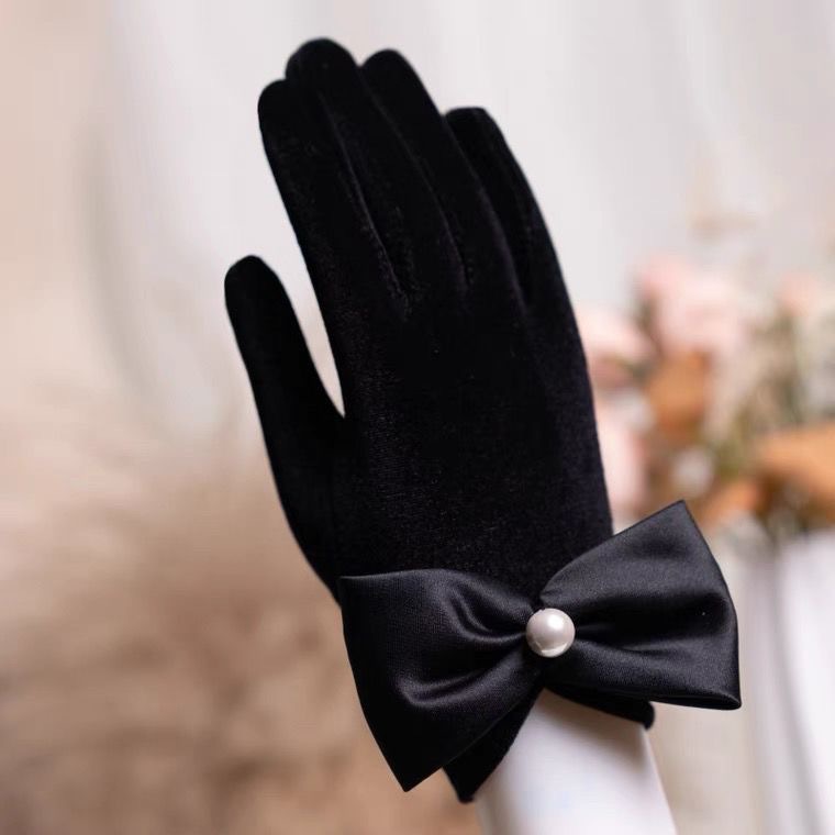 Black Velvet Bow Hepburn Pearl Short Dress Evening Party Photo Gloves Burgundy Red Wedding Gloves