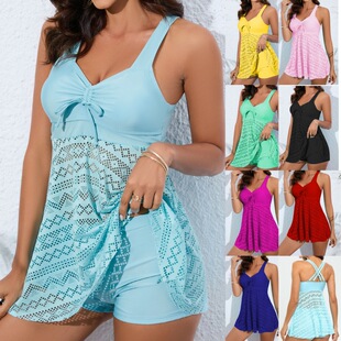 European and American Explosions in stock Skirt plus size High Waist Multicolor Solid Color Swimsuit Women's Back-Covering Lace Mesh Swimsuit