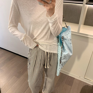 0C0103, Ralph American retro elastic waist stripe straight casual pants women's spring Korean Joker stripe
