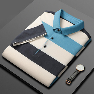 Binjie Summer New High Quality Men's Striped Short-sleeved T-shirt Cotton Thin Business Lapel Men's Polo Shirt