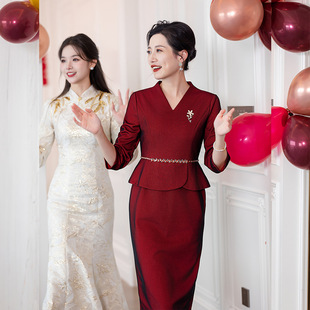 Xi mother-in-law wedding dress cheongsam dress dress 2025 spring new mother dress fashion elegant wine red dress