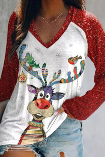 2023 New AuTumn and WinTer Cross-border Amazon 3d PrinTed MulTi-color PaTTern Raglan SleeVe Long V Neck PulloVer Women's T-shirT