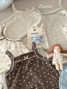 85787 Li Nancy Xia New Girls' 3-8 Years Old Baby Knitted Cute Sling Lace Elastic Base Shirt Two Pieces