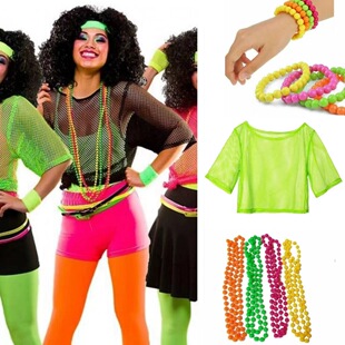 Cross-border Europe and the United States 1980s party carnival dance lady fishing net fluorescent color short sleeve bachelor party dress