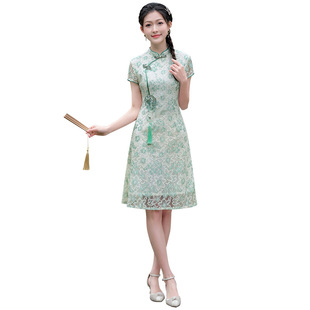 2025 New Three-Sleeve Girl Cheongsam Lace Embroidered Banquet Dress Improved High-Style Summer Cheongsam