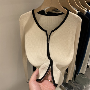 Double Zipper Soft Waxy Long Sleeve Knitted Cardigan Women's Autumn New Foreign Style Backing Shirt Top Women's Knitted Shirt SKW-