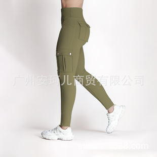 In stock brocade double-sided 6-size T European and American Pocket Workwear fitness pants women's high elastic tight yoga pants quick-drying running step