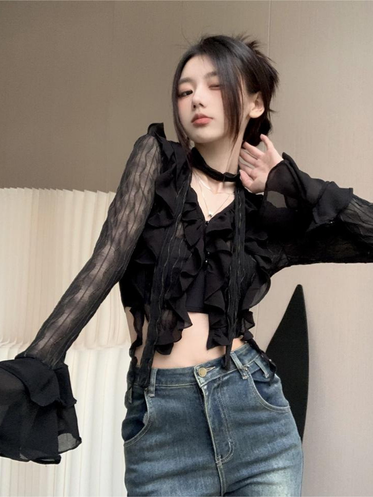 French Style Pure Desire V-Neck Ruffled Long-Sleeved T-Shirt Sexy Spice Girl Mesh Slim-Fit Slimming Sunscreen Top for Women