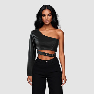 Cross-border locomotive punk single shoulder PU leather rock dance Joker irregular short coat European and American independent station net red