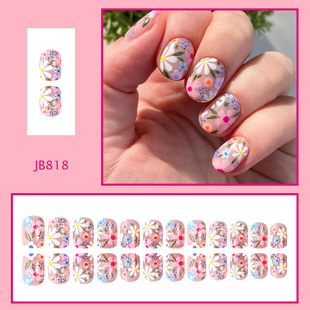 New Cross-border Small Square Colorful Large Flowers White All-match False Nails Foreign Trade Wholesale Wear Armor Removable
